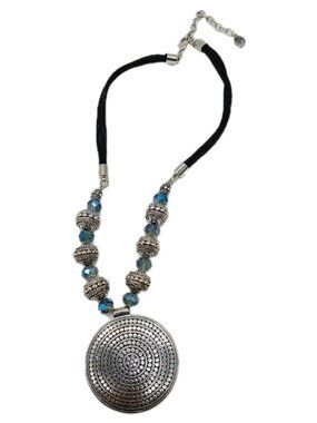 Boho Necklace Silver Tone Pendant Cord Blue Beaded Rhinestone Choker
